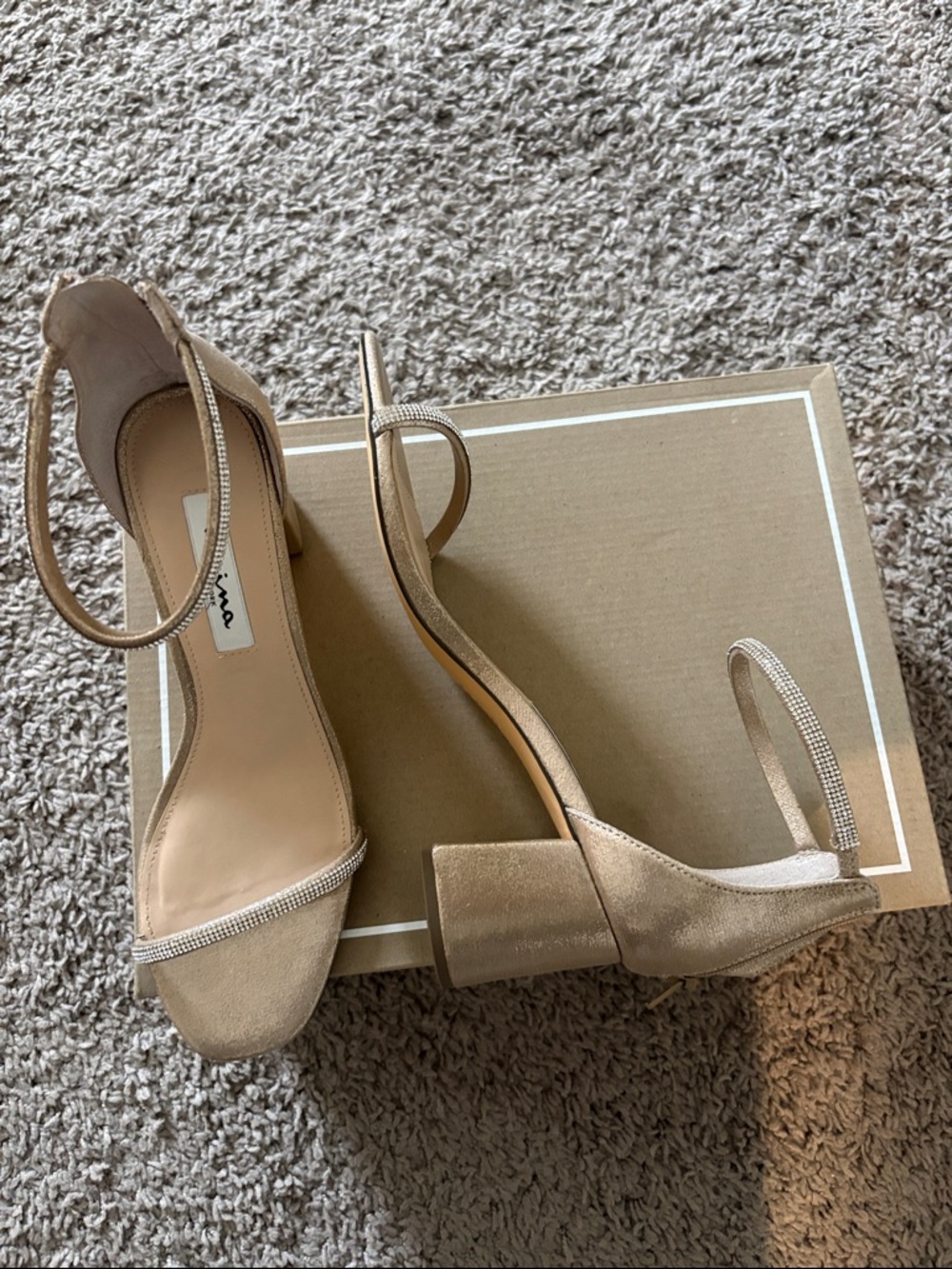 Nina gold metallic Ankle-Strap Heels with Crystal Toe Band